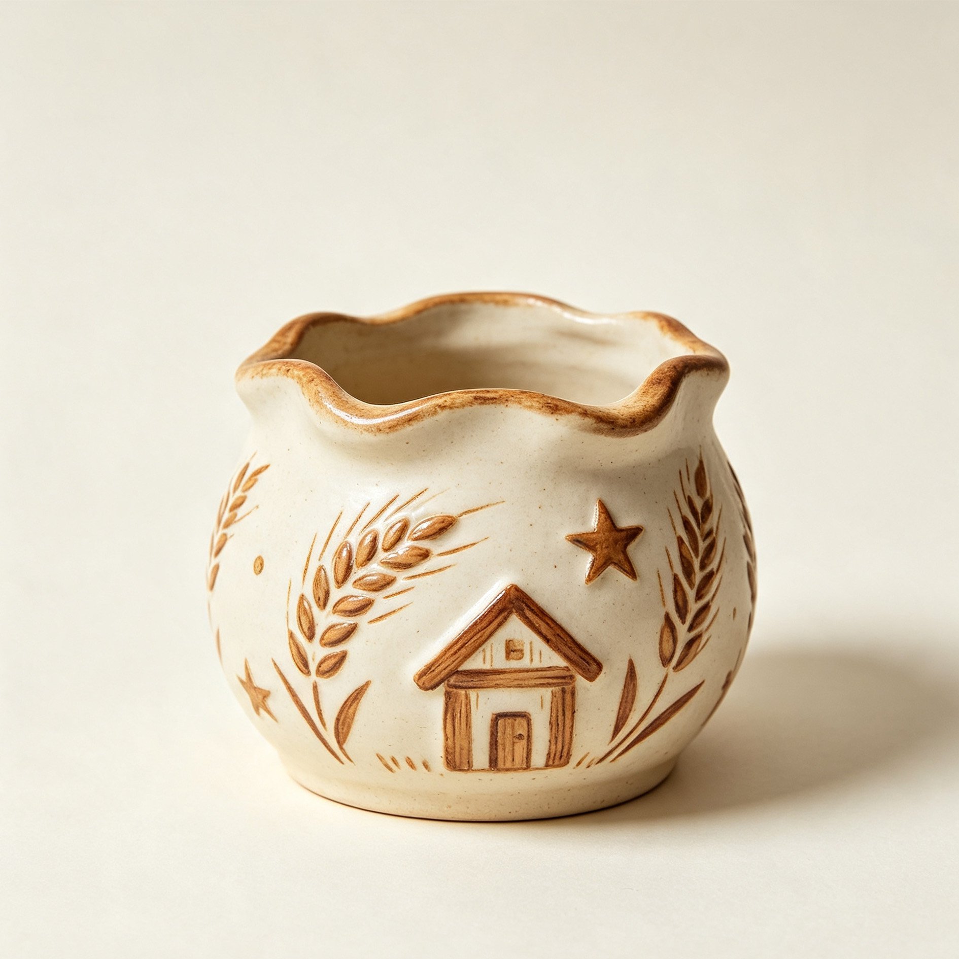 Rural Wheat House Ceramic Jar on wooden kitchen shelf