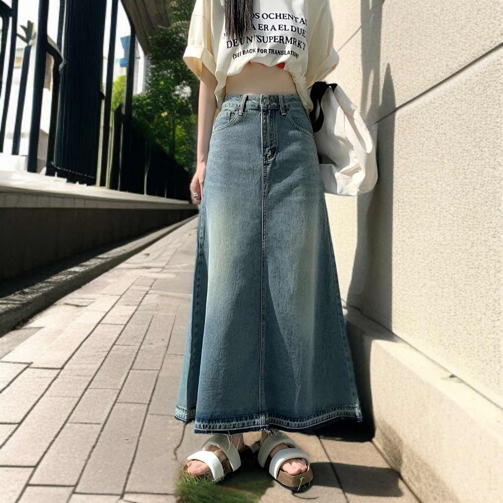 여자 가을 퍼 트리밍 하이웨스트 날씬 롱스커트 여성 A라인 롱스커트 왕단 롱스커트 데님 스커트 세트
