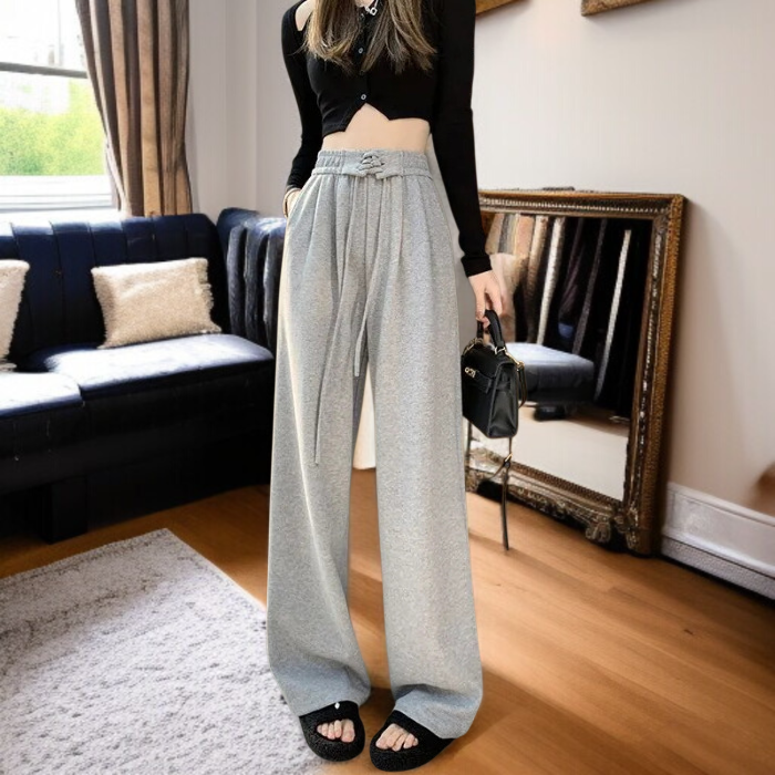와이드 팬츠 여 하이웨스트 처짐 일자 캐주얼 팬츠 그레이 와이드 팬츠