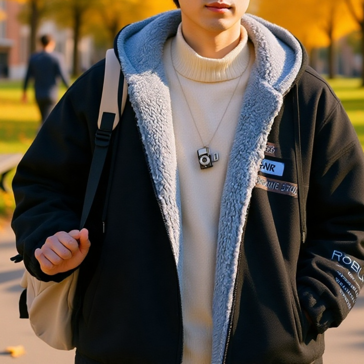 羊羔ボア綿入りジャケット ゆったり刺繍入りフード付きアウター アメリカンヴィンテージ風