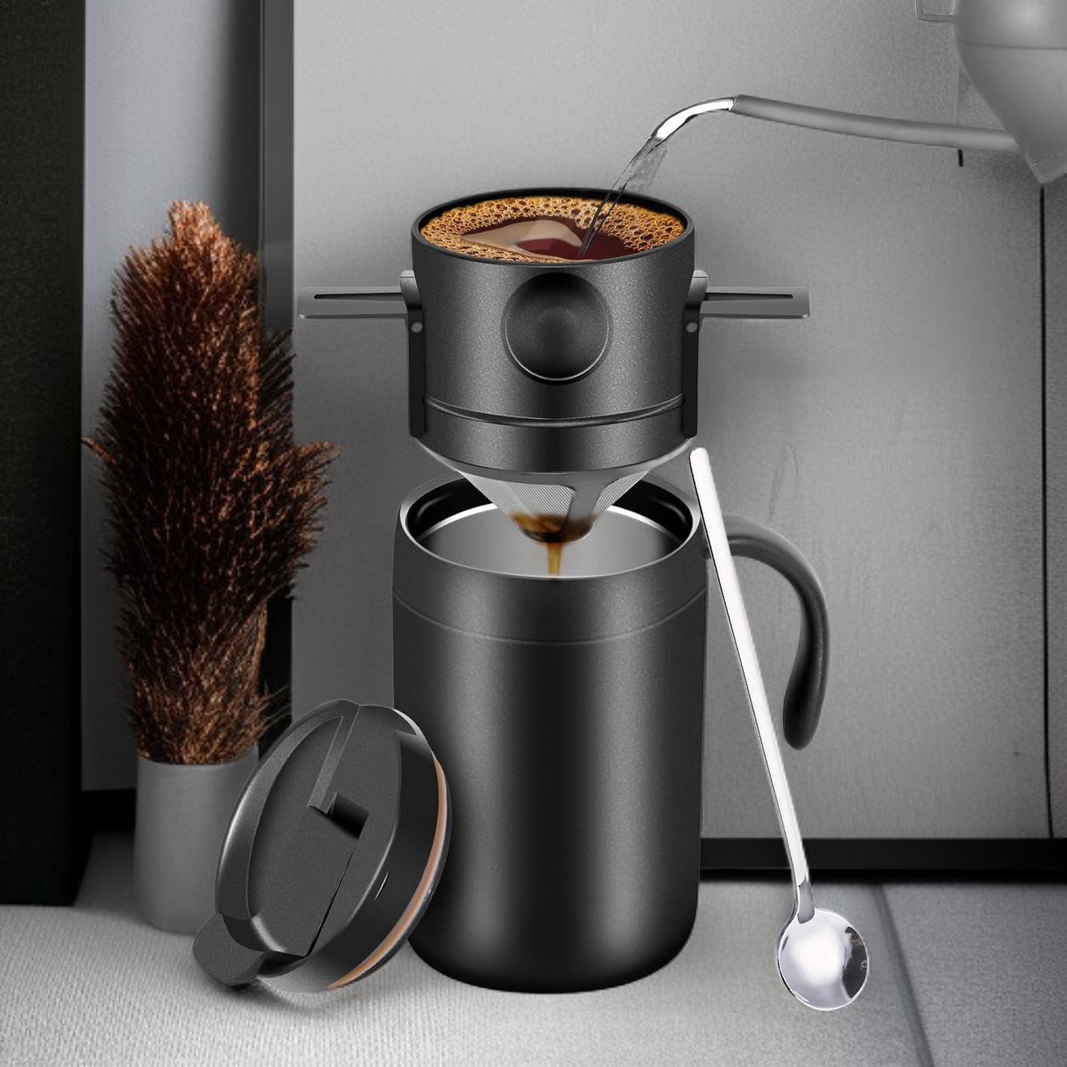  كوب قهوة محمول للاستخدام الخارجي مع خاصية التخمير اليدوي، مصنوع من الفولاذ المقاوم للصدأ