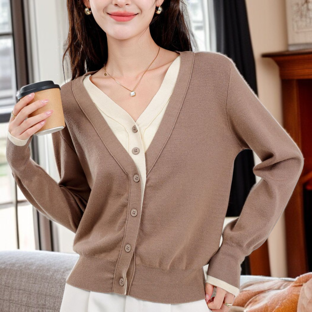 여성 니트 루즈핏 기질 레깅스 컬러링 페이크 투피스 긴팔 상의 얇은 니트