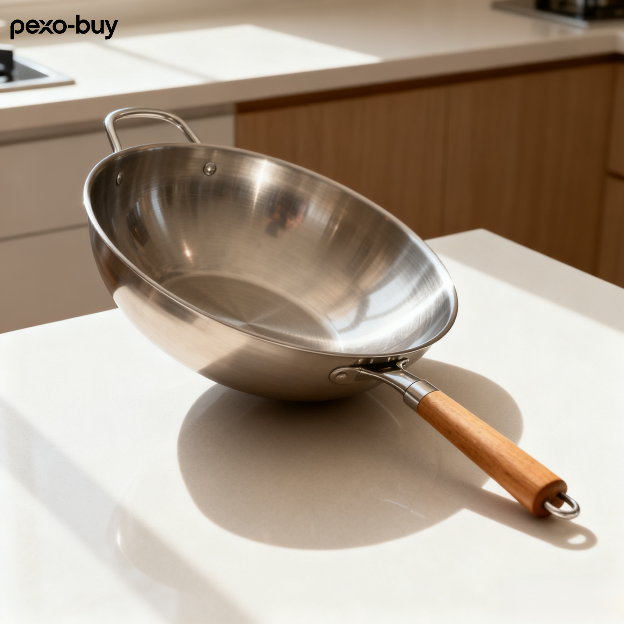 나무 손잡이가 달린 스테인리스 스틸 웍