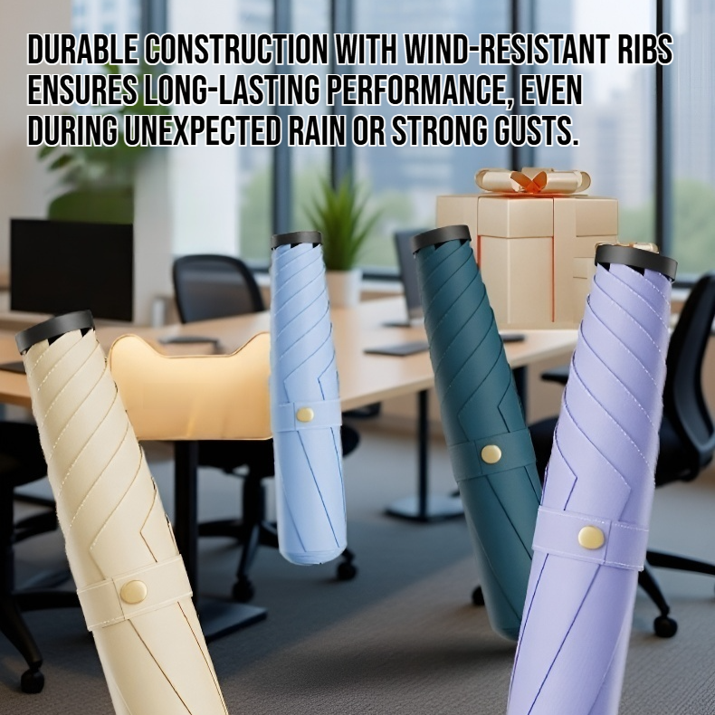 Ultra-lightweight compact three-fold black vinyl sun umbrella folded view