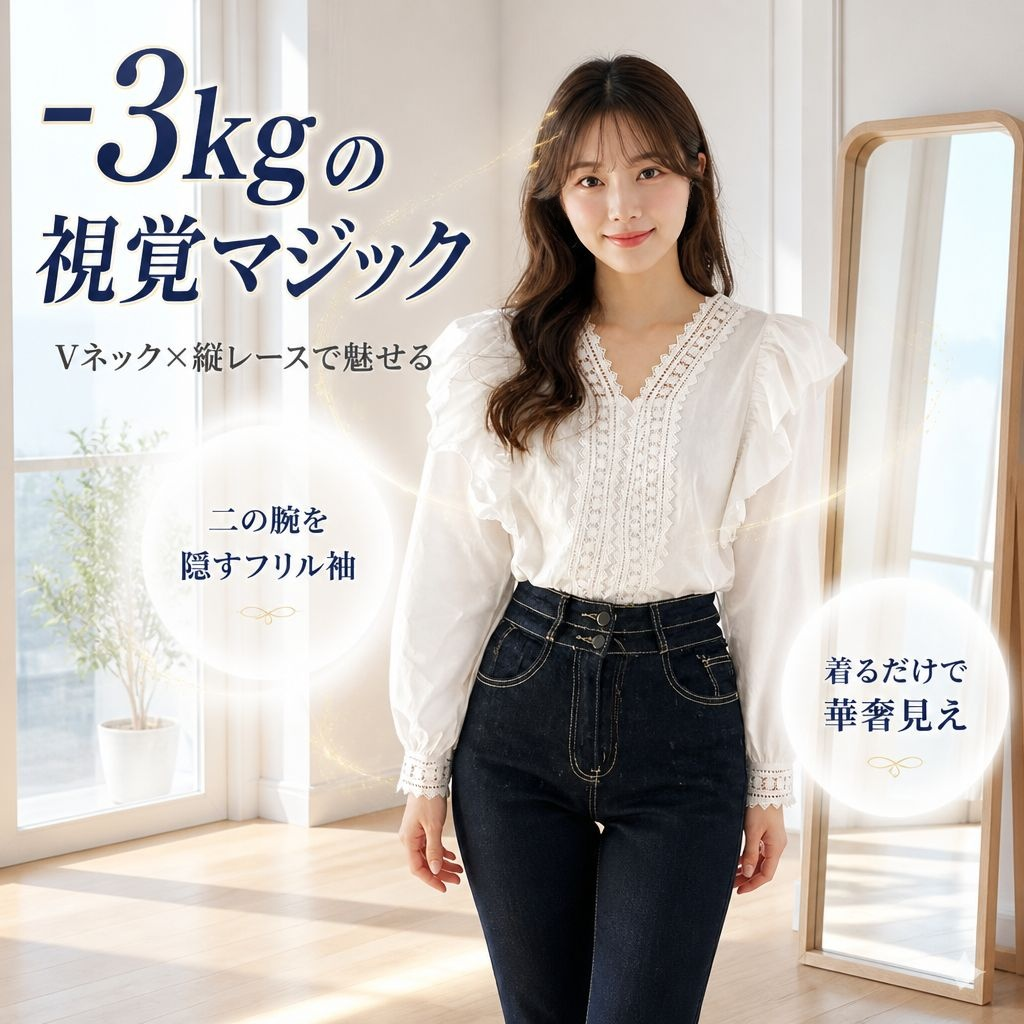 ゆったりカジュアルパフスリーブレースブラウス