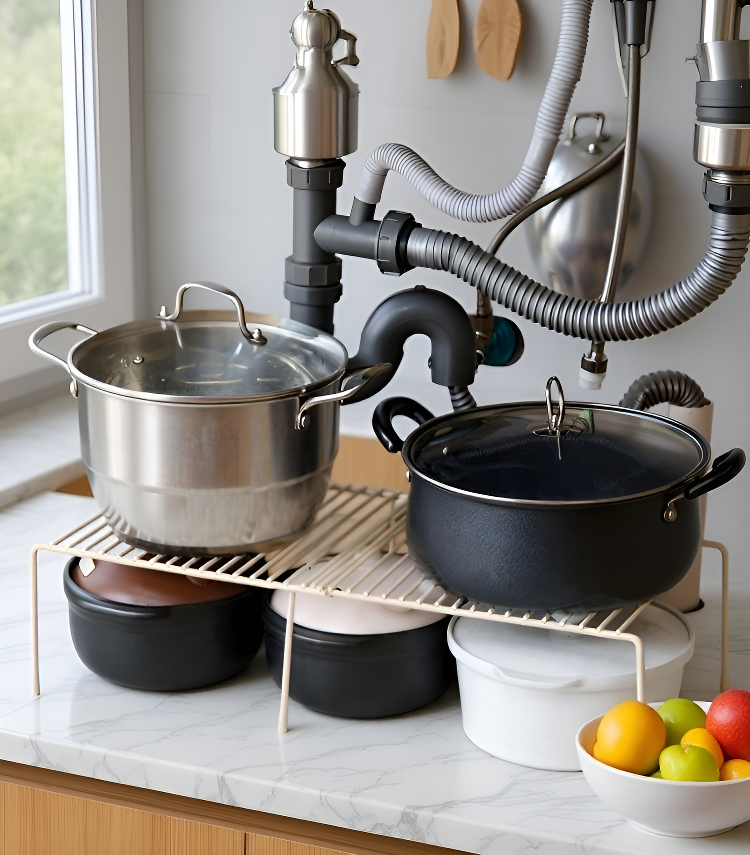 伸縮機能を示すキッチン収納ラックの拡大画像