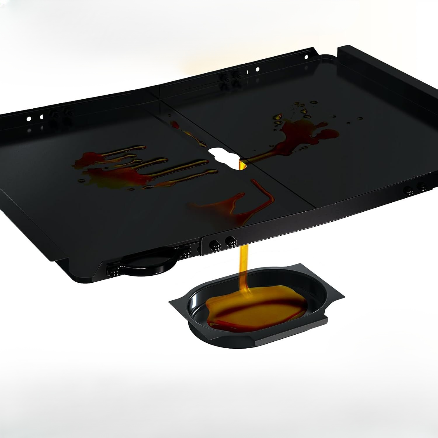 BBQ grease tray with pan catcher, replacement BBQ grease tray, universal adjustable black BBQ tray.