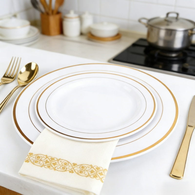 一次性金邊塑料餐具套裝，含盤子、酒杯、刀叉勺，適合25人使用