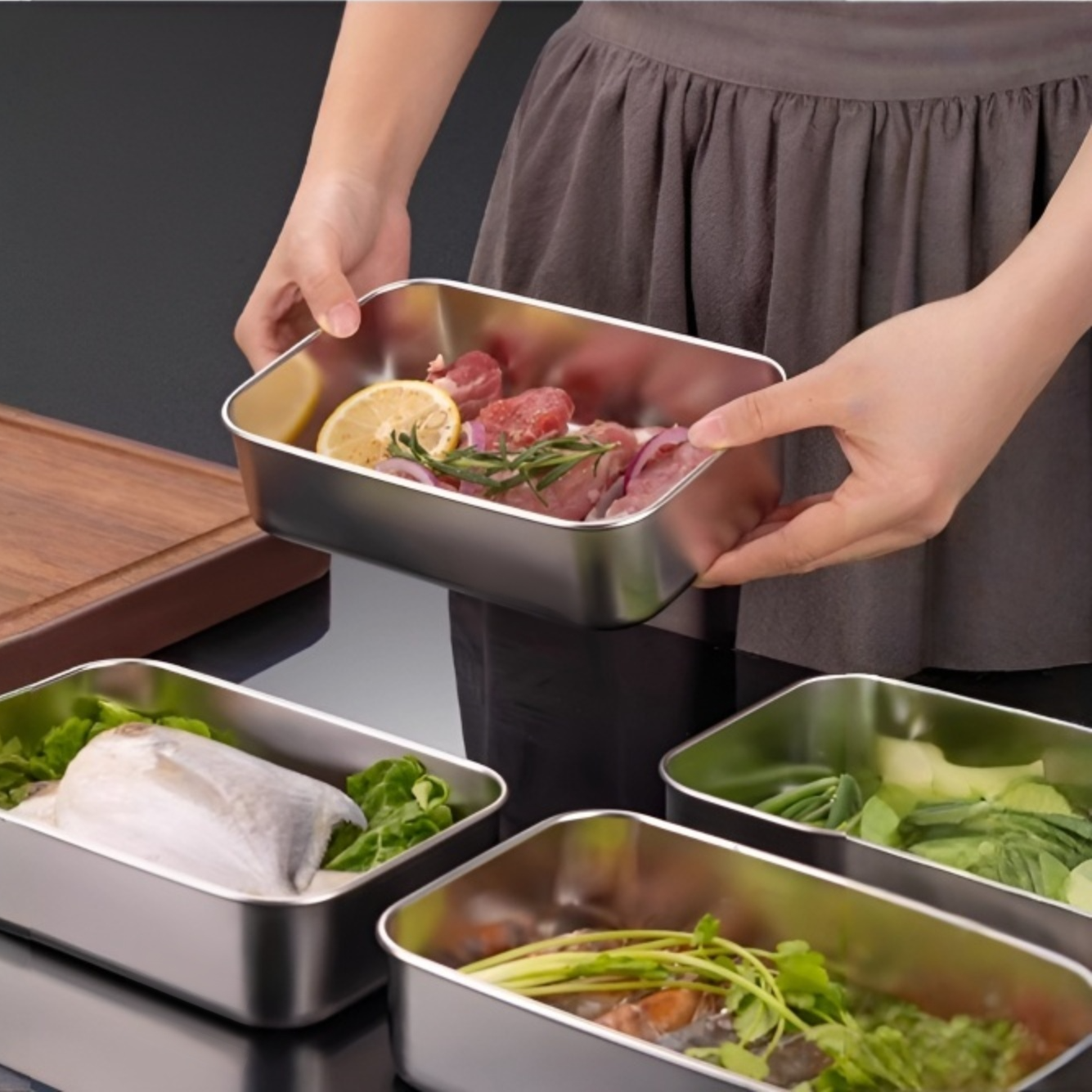 304 Edelstahl Mehrzweck-Tablett mit Trennwänden, geeignet zum Kochen und Servieren