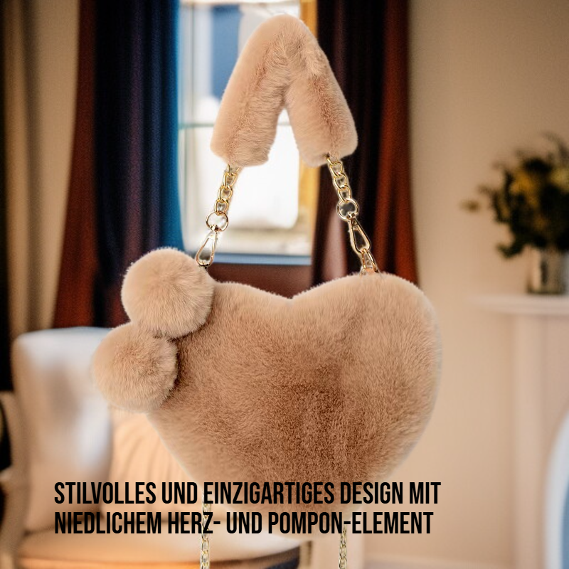 Damen Handtasche aus Plüsch mit Kette und Herzmotiv