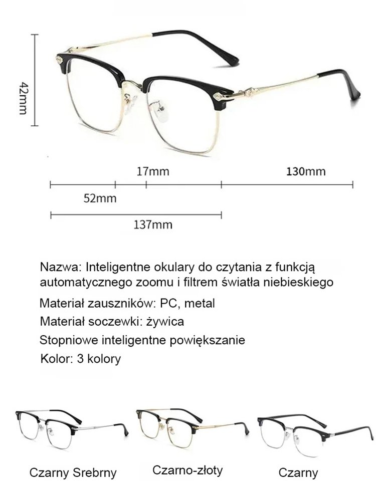 Automatyczne okulary do czytania z funkcją zoomu i filtrem światła niebieskiego
