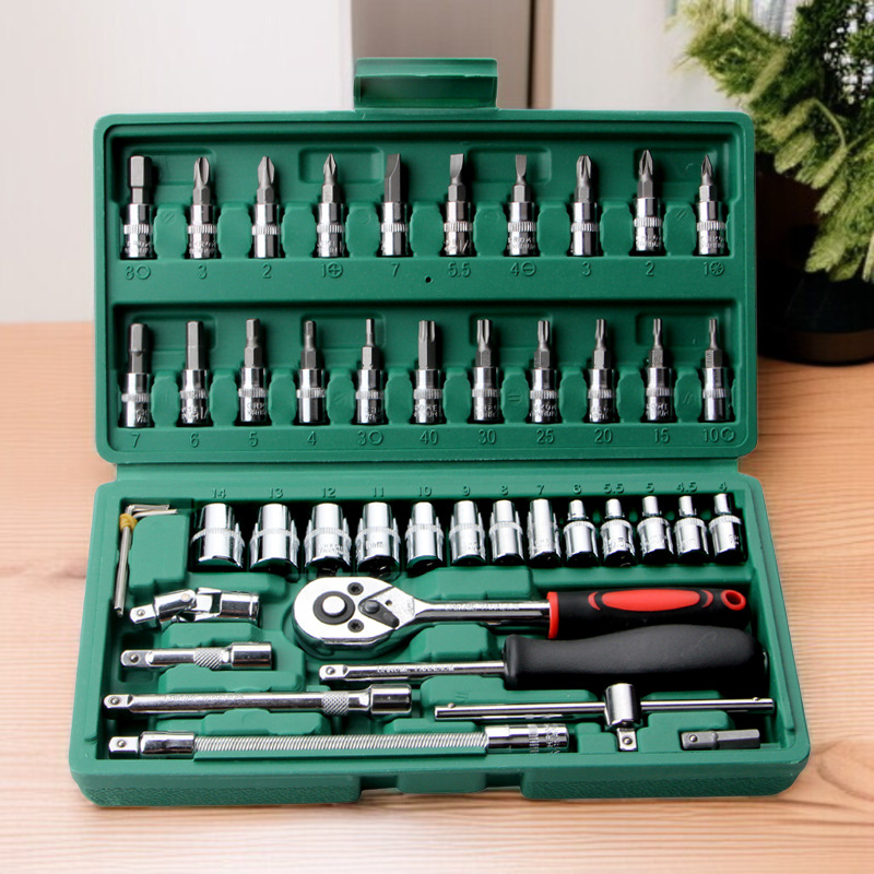 46 Stück OEM Auto-Werkzeugsatz, Steckschlüssel und Ratsche aus Kohlenstoffstahl, Schnellwechsel-Bits