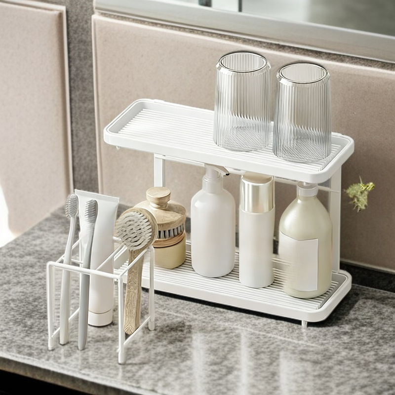 Double-Layer Bathroom Rack, Organizer for Toothbrushes and Bath Supplies