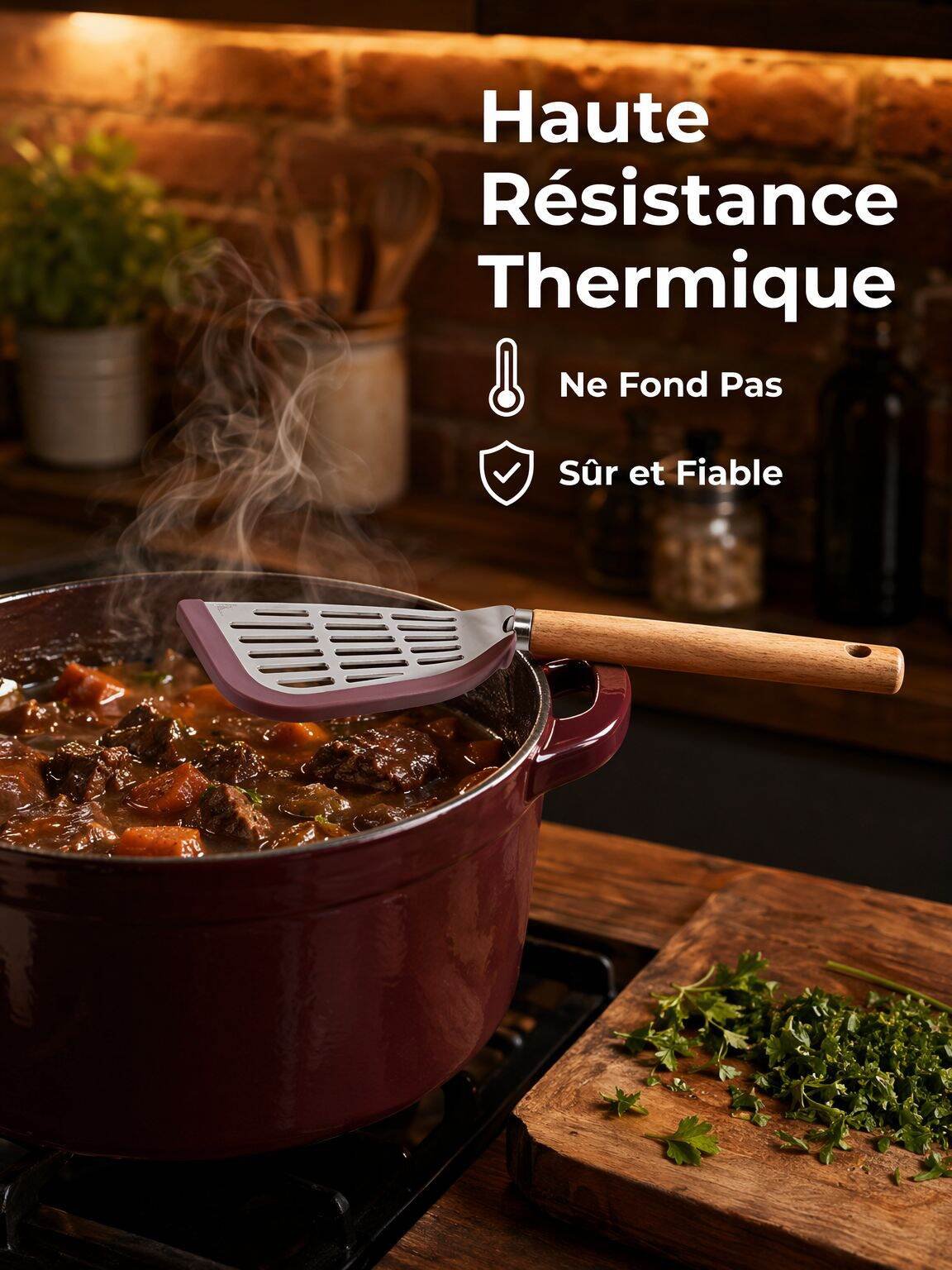 Spatule en silicone avec manche en bois pour poêles antiadhésives