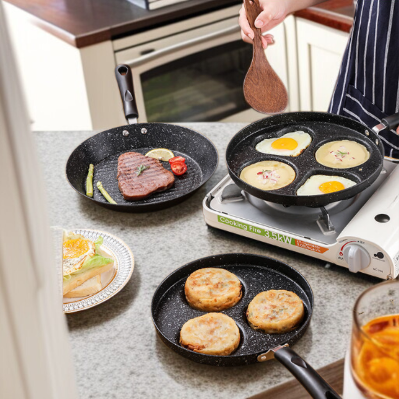 キッチン家庭用パン卵団子パンストライプハート型ノンスティックオムレツパンフラットボトムノンスティックパンウェア