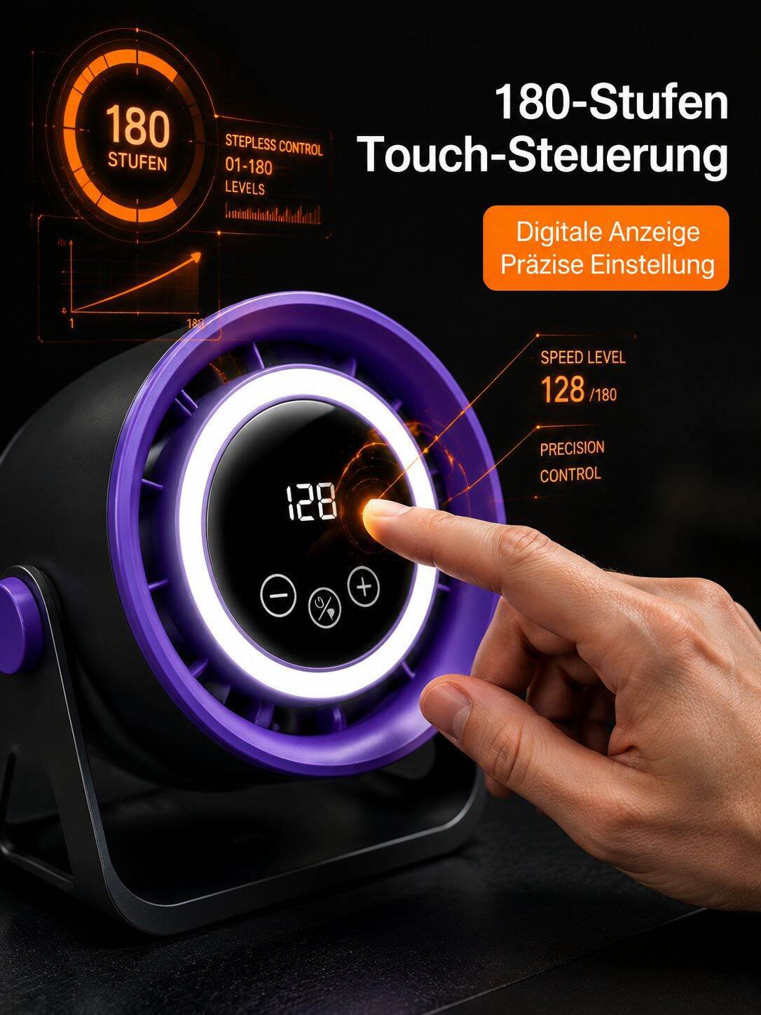 Tischventilator mit Digitalanzeige, leise, starke Windkraft, mit Beleuchtung