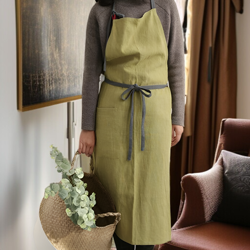 エプロン 首掛け リネン カフェ風 シンプル おしゃれ ナチュラル 首掛け リネン カフェ風 シンプル おしゃれ ナチュラル 北欧風 無地 おしりが隠れる ポケット付き 男女兼用