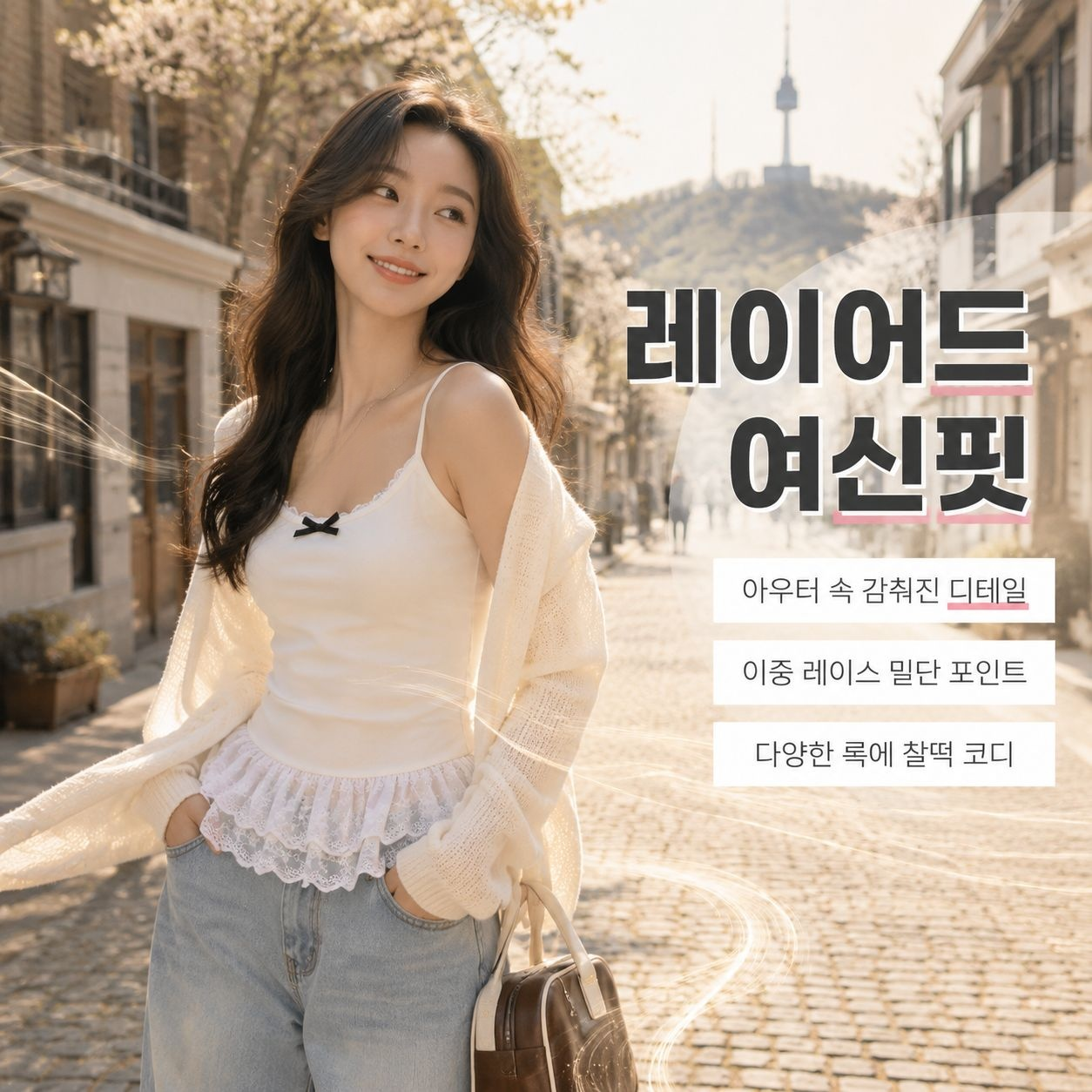 봄 레이스 트림 헴 리본 조끼, 소녀감성 트렌디 이너 탑