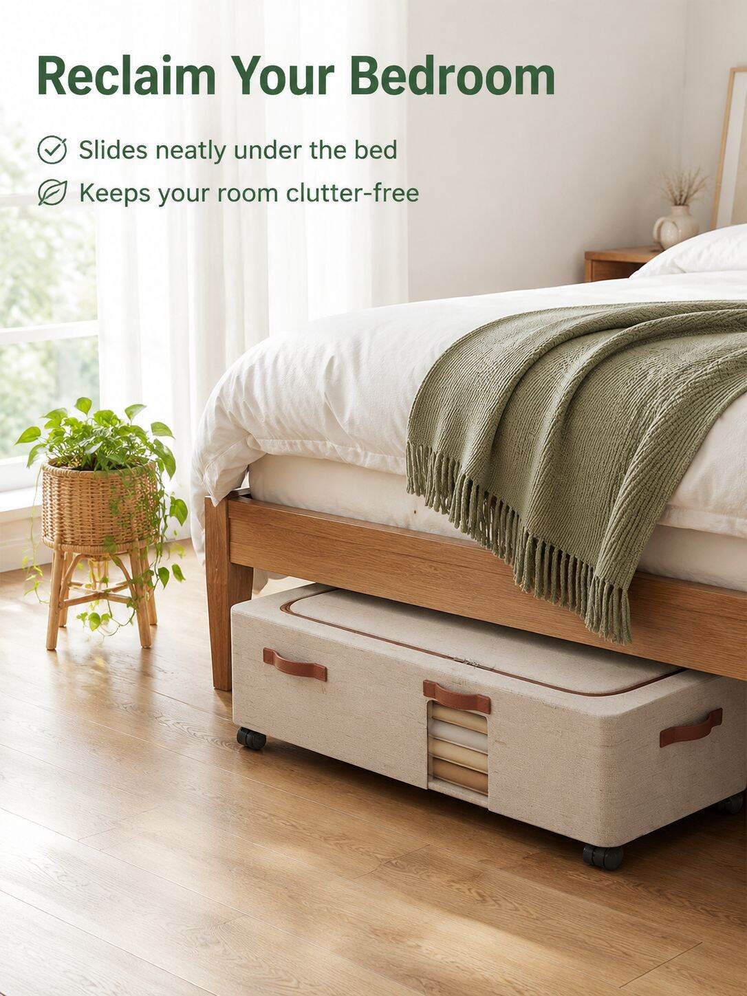 Low-profile bedroom storage box with a protective lid