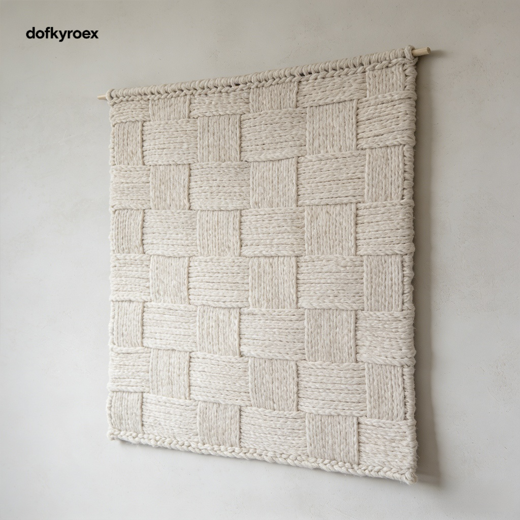 Set of 5 hand-woven tapestries hanging on a white wall