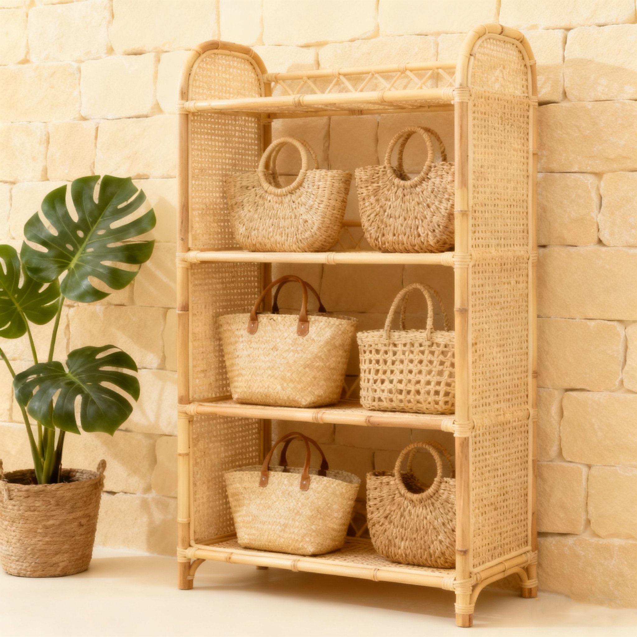  대나무 바구니 가방 정리대 