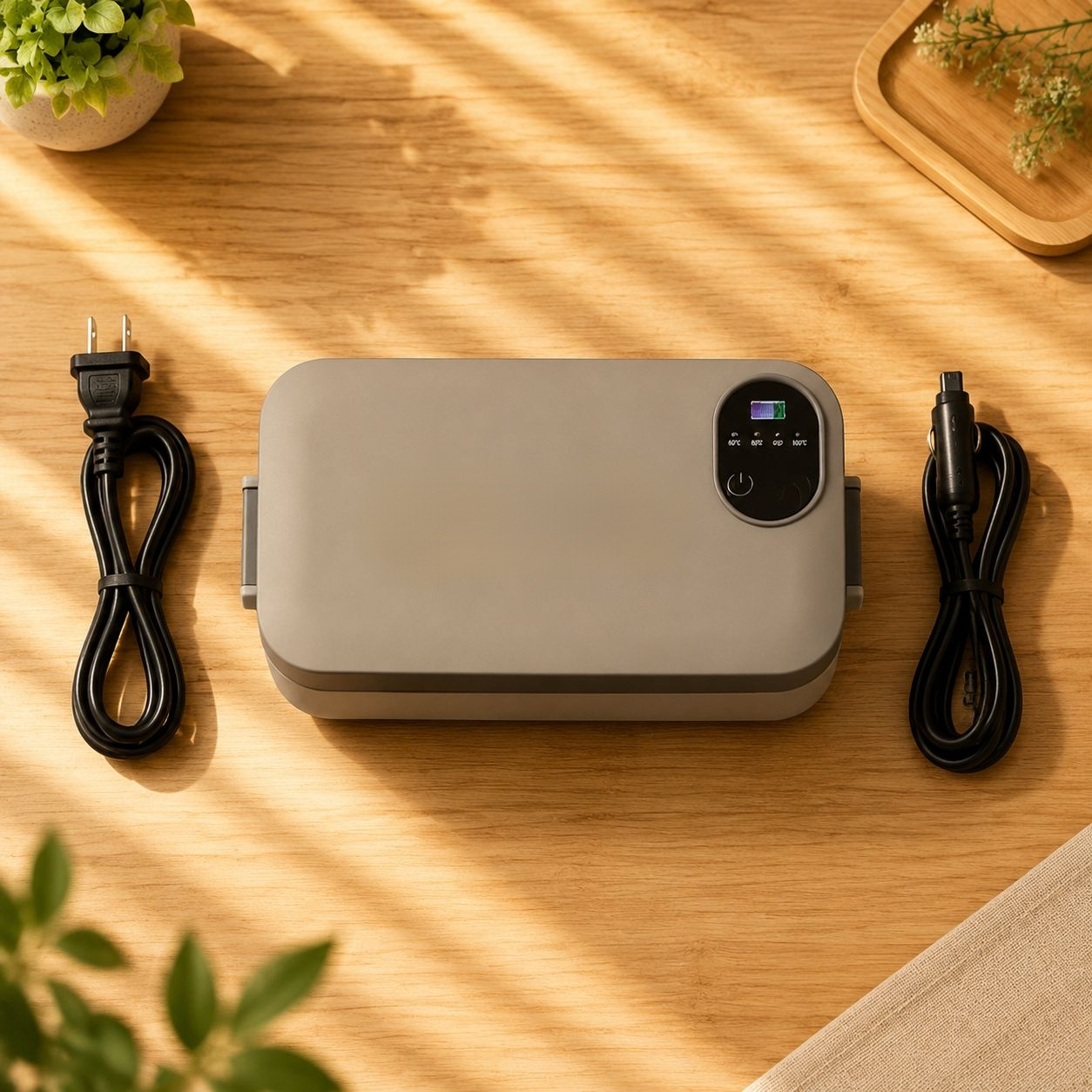 Heated lunch box plugged in at office desk