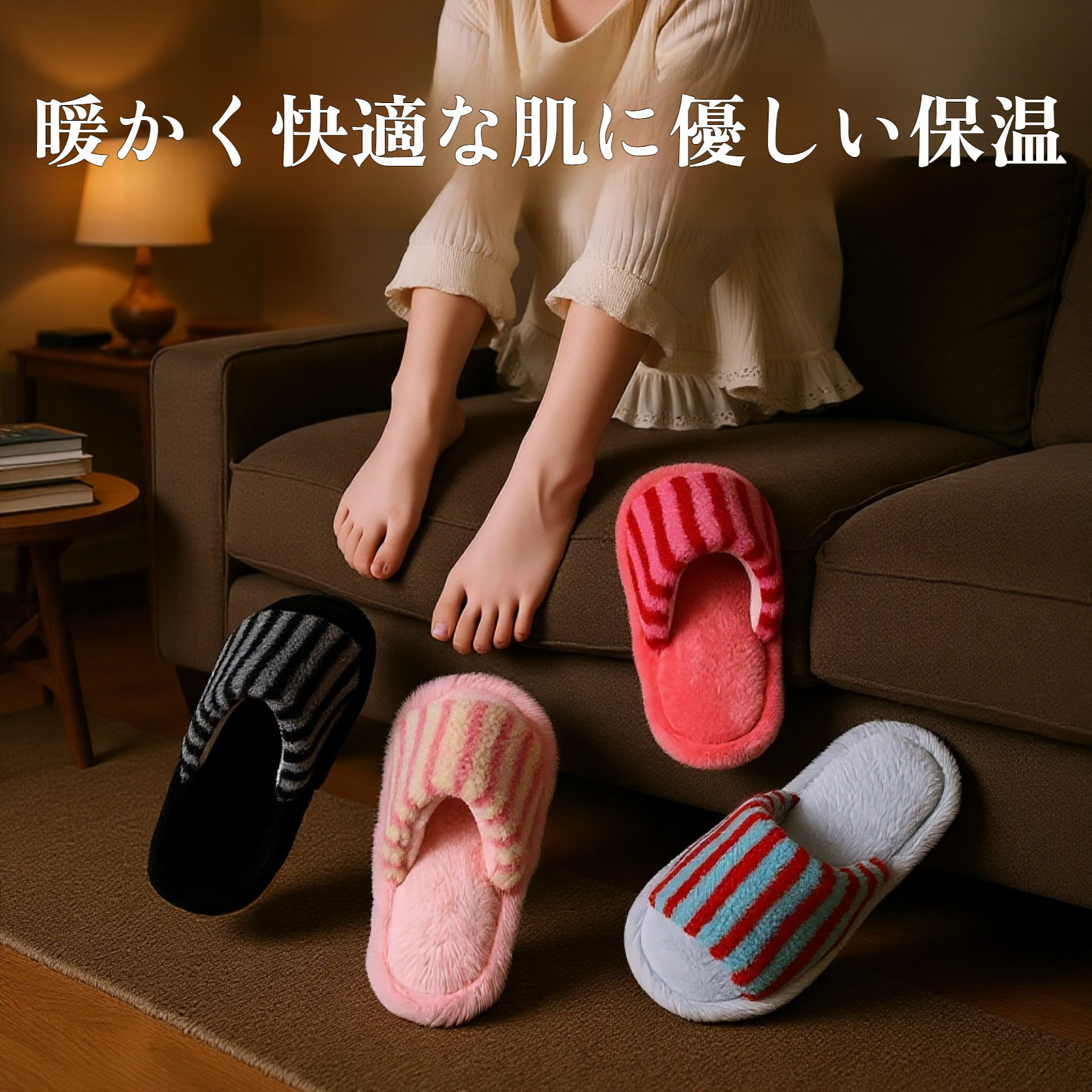 レディース用ボーダー配色オープントゥスリッパ