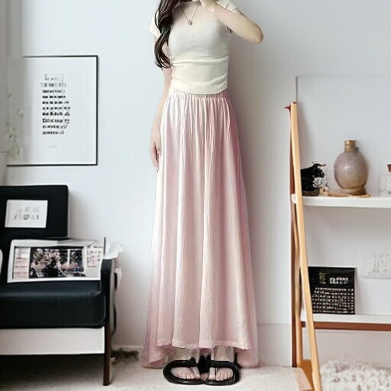 핑크 치마바지녀 여름 얇은 키에 샤랄라 주름 a라인 스커트 하이웨스트 슬림핏 와이드 팬츠