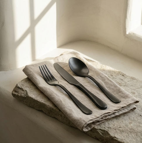 マットブラックステンレス製カトラリーセット全体画像