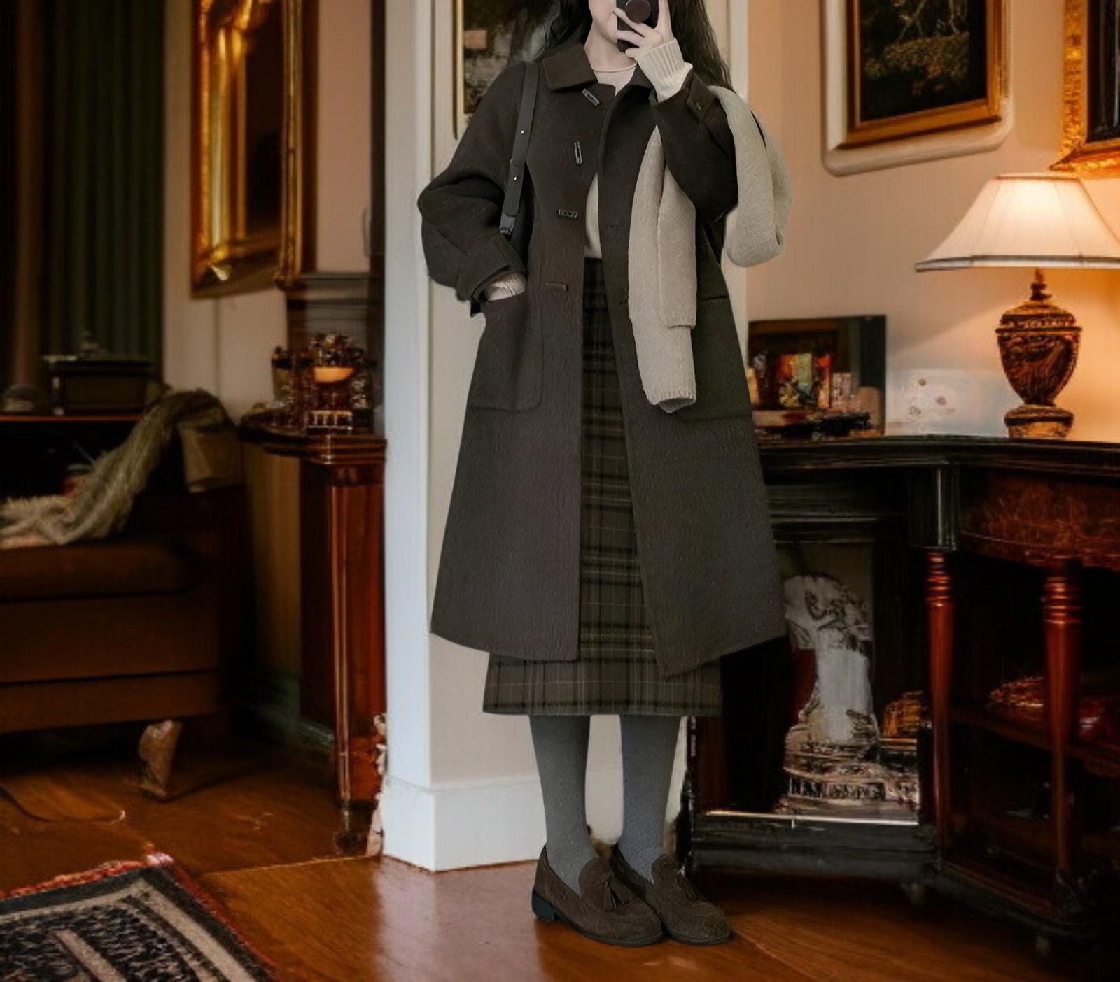 계절 밖의 갈색 더플 코트