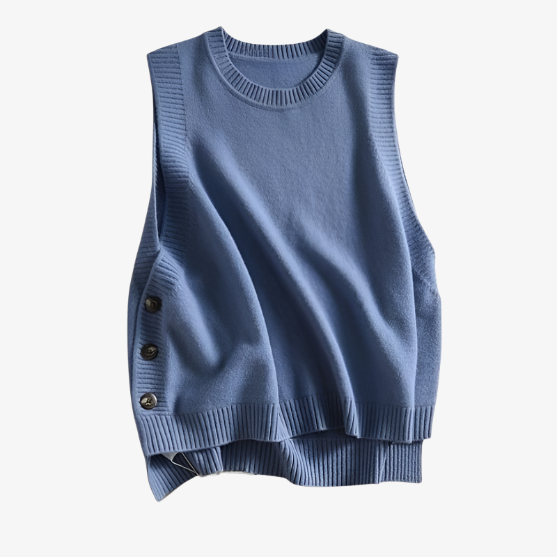 春/秋の新作ミスティブルーニットベスト、エレガントで若々しい、ラウンドネック、アーティスティックスタイル、カジュアルなレディース服。