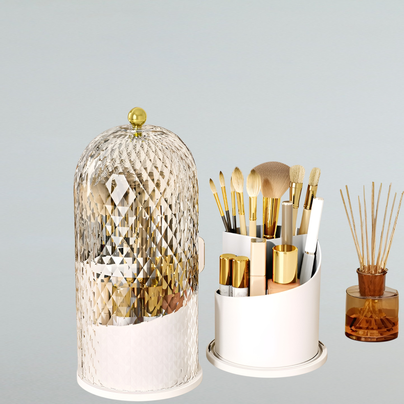 回転式化粧品収納ボックス 軽量 高級ダイヤモンド柄 デスクトップコンパートメント 収納チューブ 透明蓋 防塵 メイクアップボックス