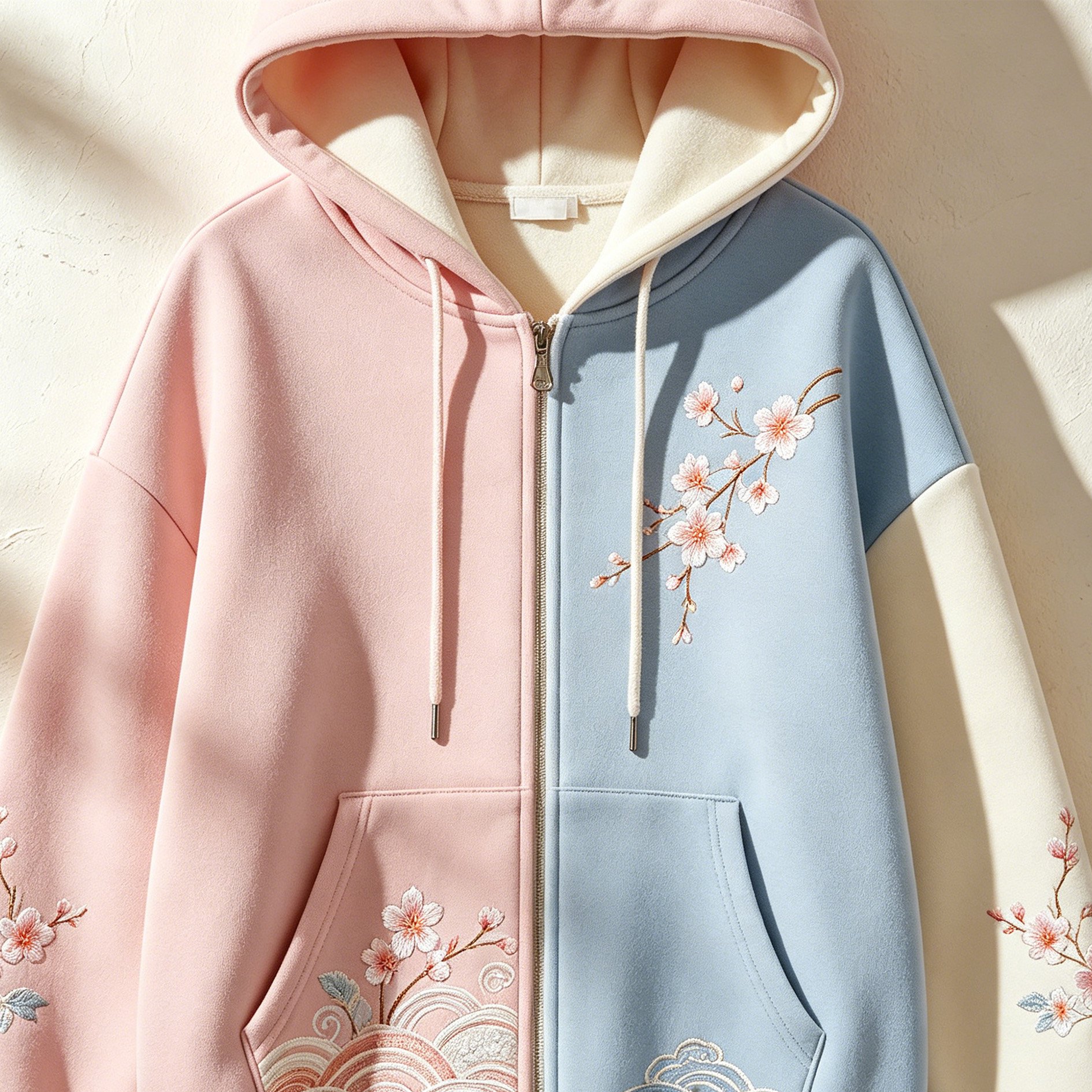 春のピンクとブルーの桜柄カーディガン