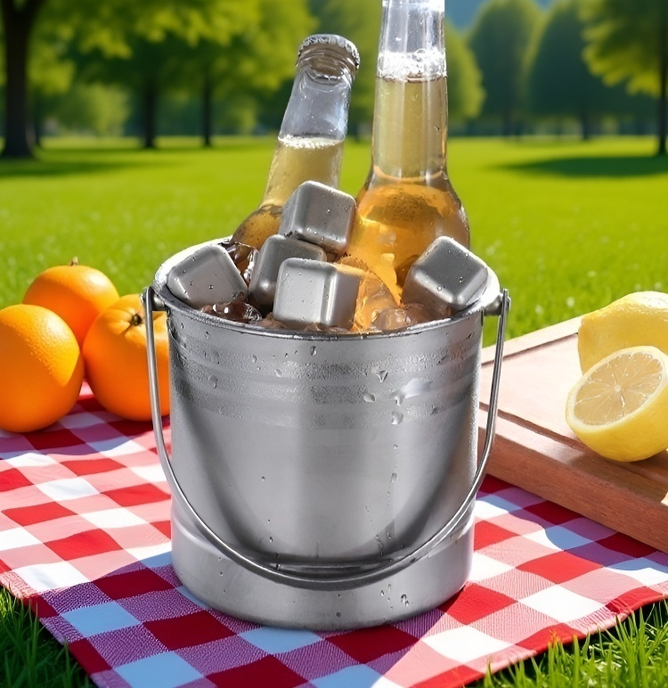 Detalle del cubo de hielo de acero inoxidable