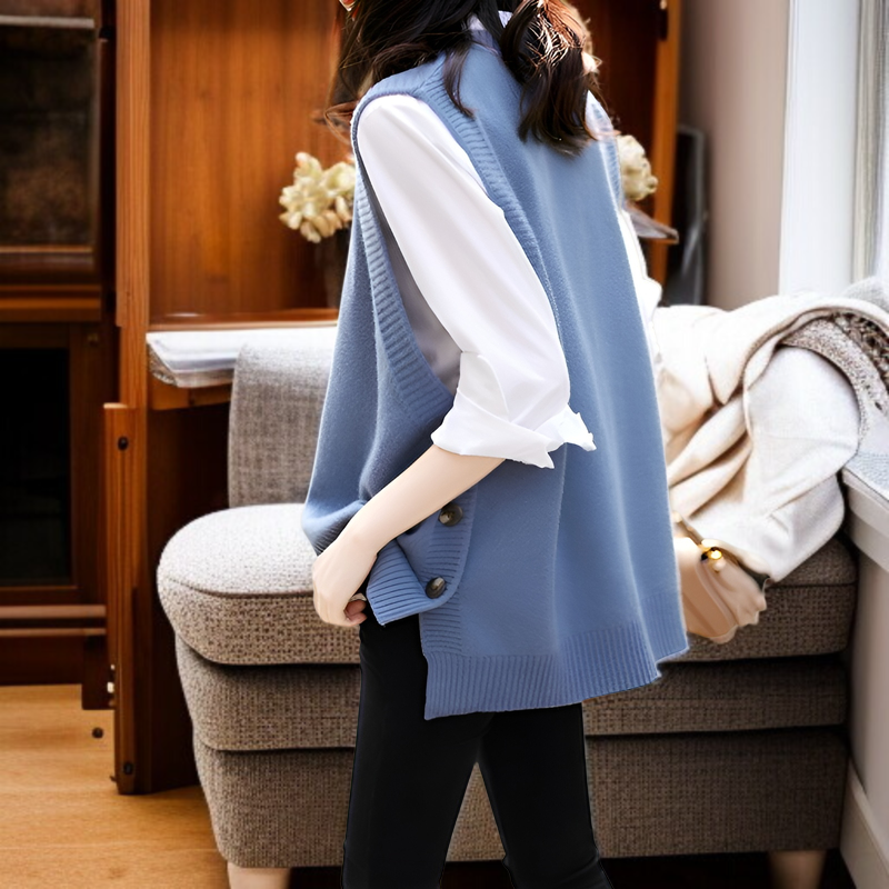 春/秋の新作ミスティブルーニットベスト、エレガントで若々しい、ラウンドネック、アーティスティックスタイル、カジュアルなレディース服。