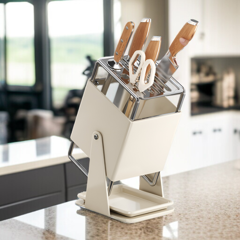 キッチンカウンタートップ回転式ナイフラックオープン家庭用収納ラック水トレイ付き新スタイル収納キッチンナイフラック