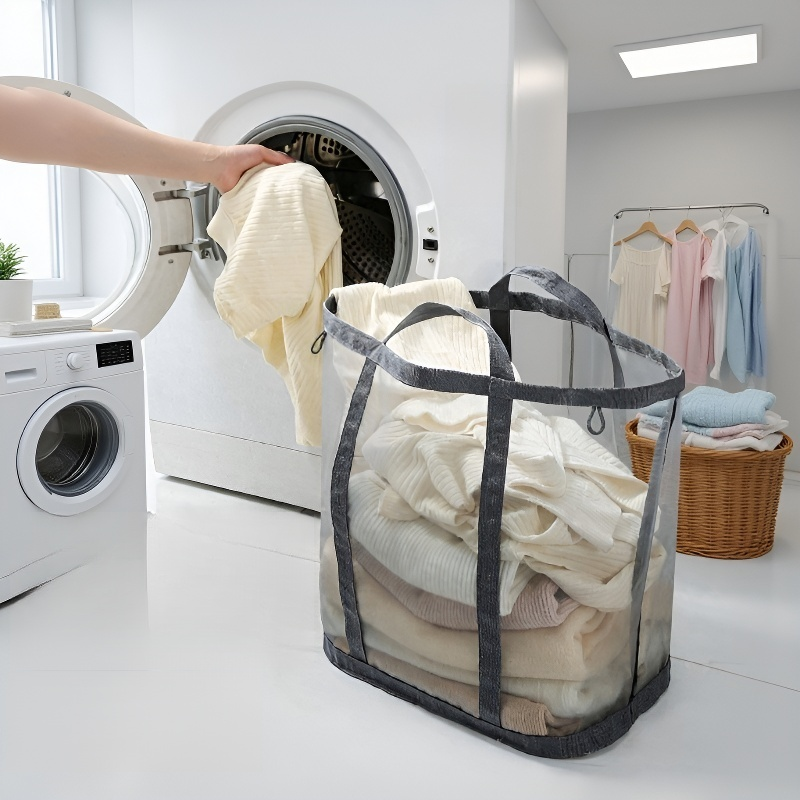 سلة غسيل شبكية بسعة كبيرة، محمولة وقابلة للطي، مثبتة على الحائط للاستخدام في الحمام.