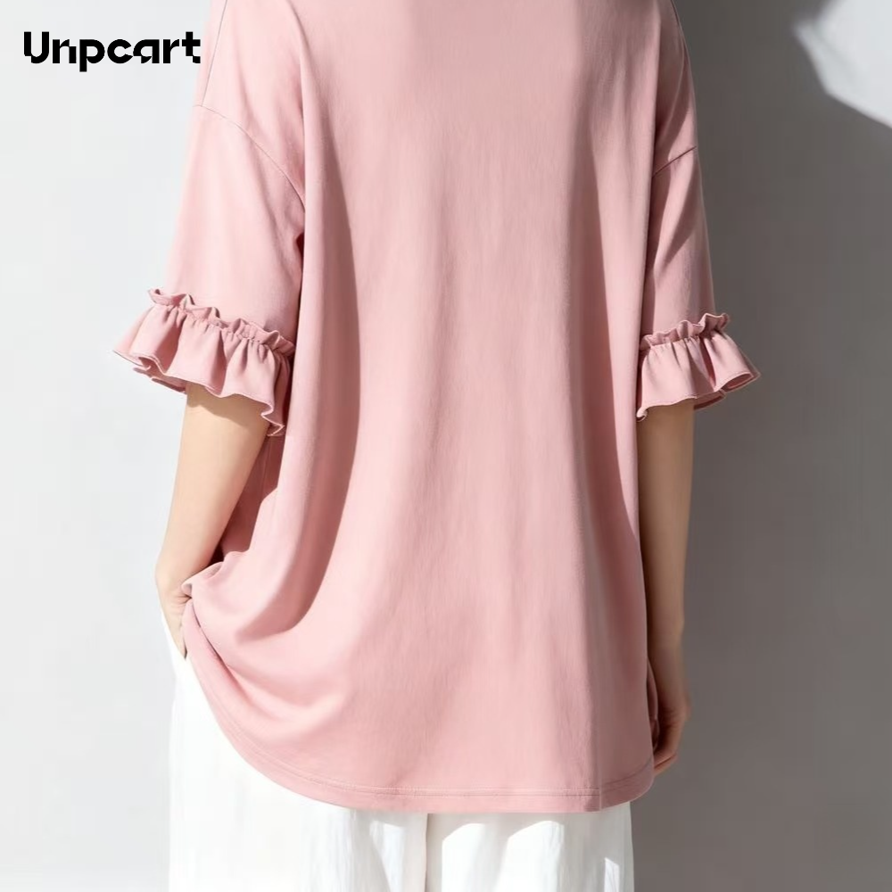 핑크색 V넥 러플 미드슬리브 탑