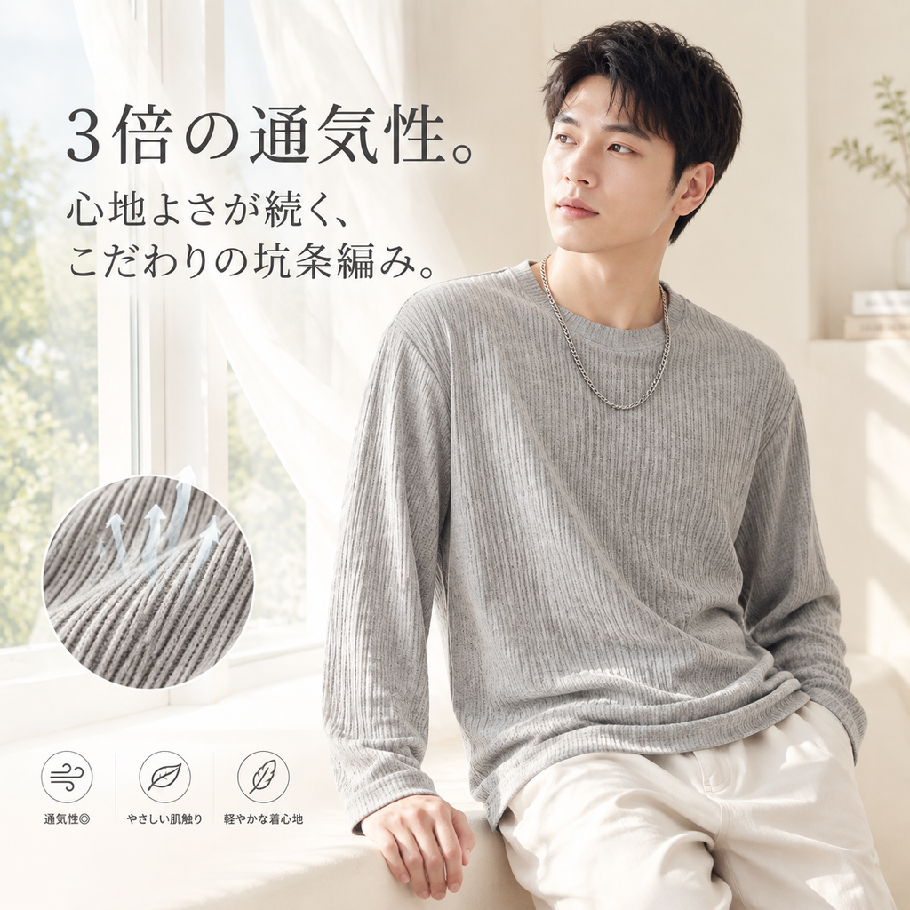 メンズ春秋用日本風縦ストライプ長袖Tシャツ