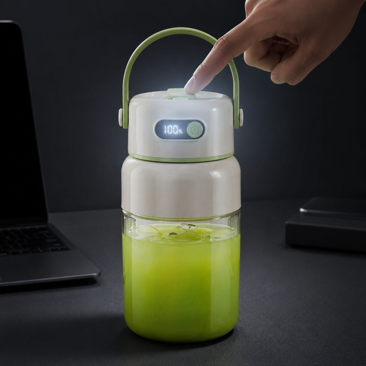 Manual glass juicer with ergonomic handle and lid