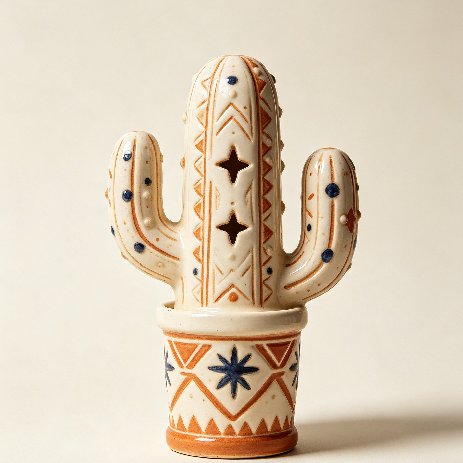 Ethnic-style hollowed-out cactus ceramic ornament on wooden table