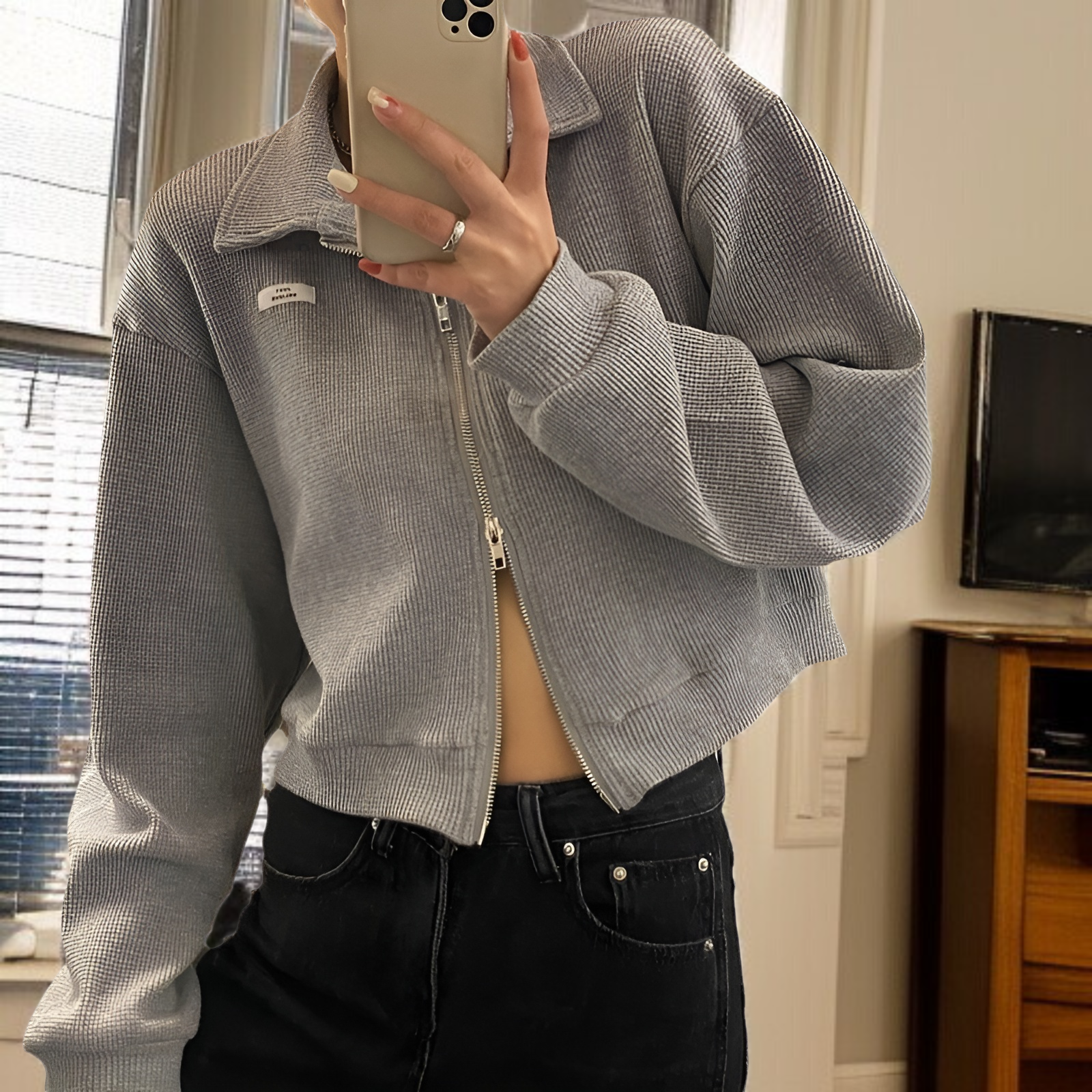 女性用ジッパー付きスポーツワッフルジャケット、春と秋のスタイル、万能カーディガン、学生向けの新しいスタイル、ショートトップス