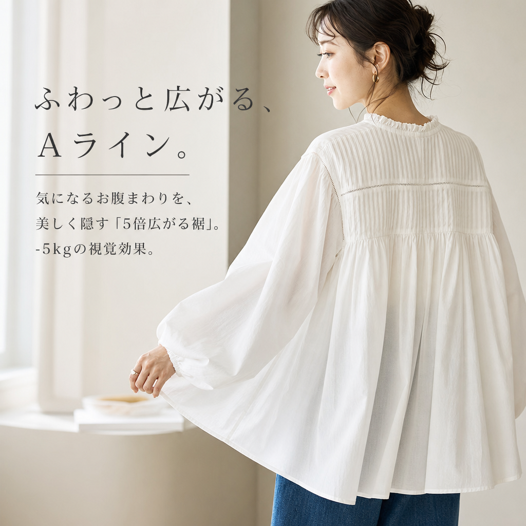 新作コットンギャザールーズ長袖シャツ レディース