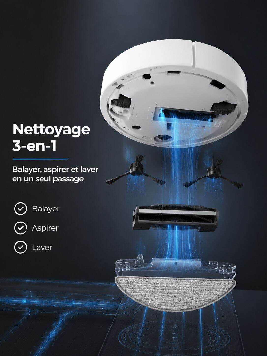 Robot aspirateur 3-en-1 intelligent pour la maison avec fonction pulvérisation