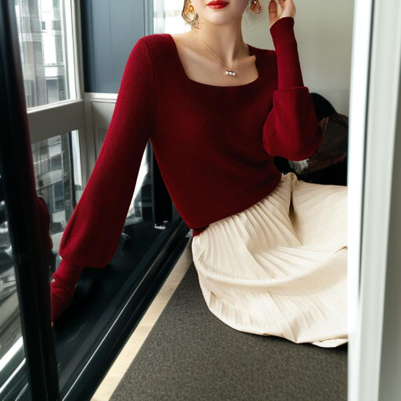 ジャンパー女性気質ニットボトムシャツスクエアネックランタンスリーブニットウェアエレガントなインナートップス