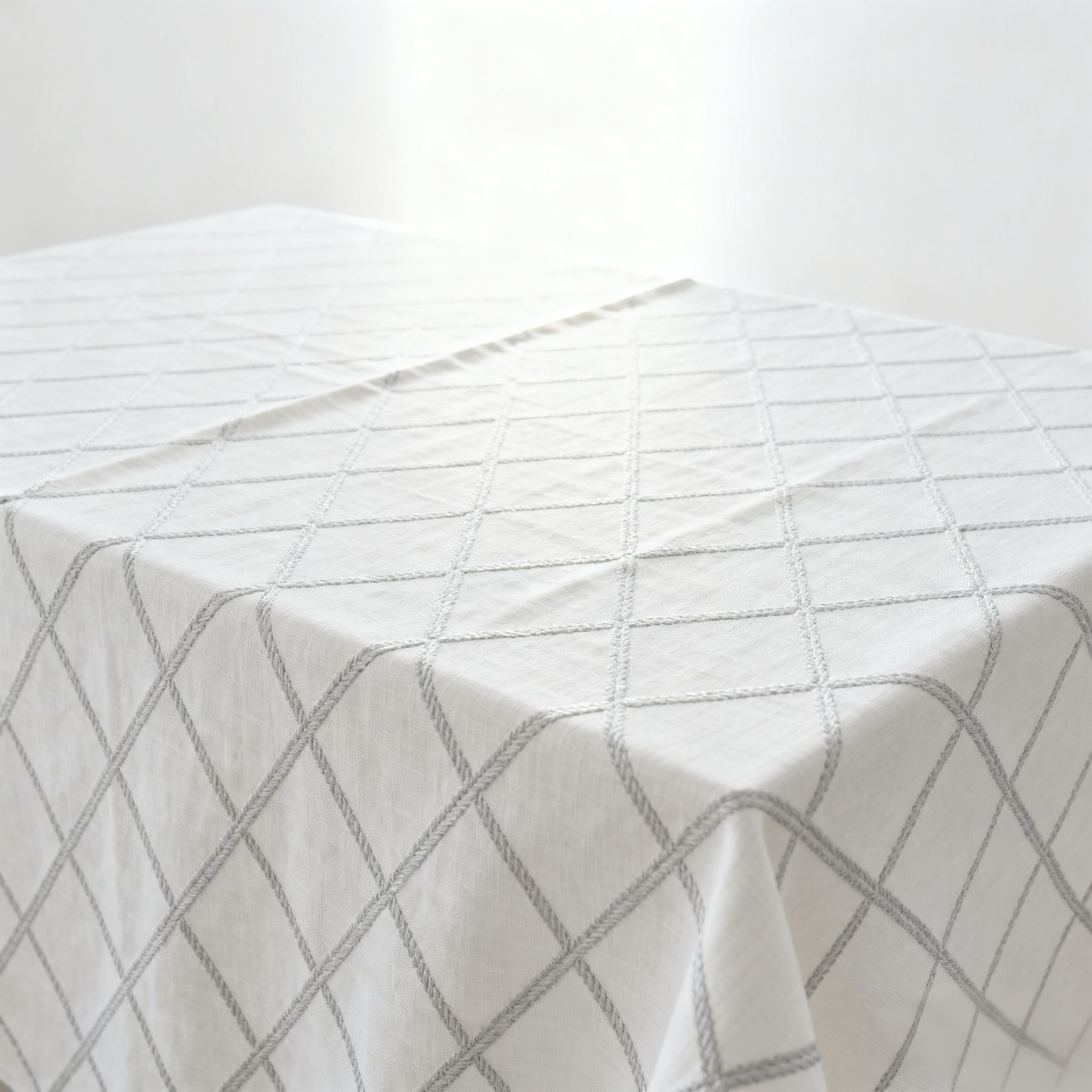 Vista detallada del mantel blanco con diseño de rombos