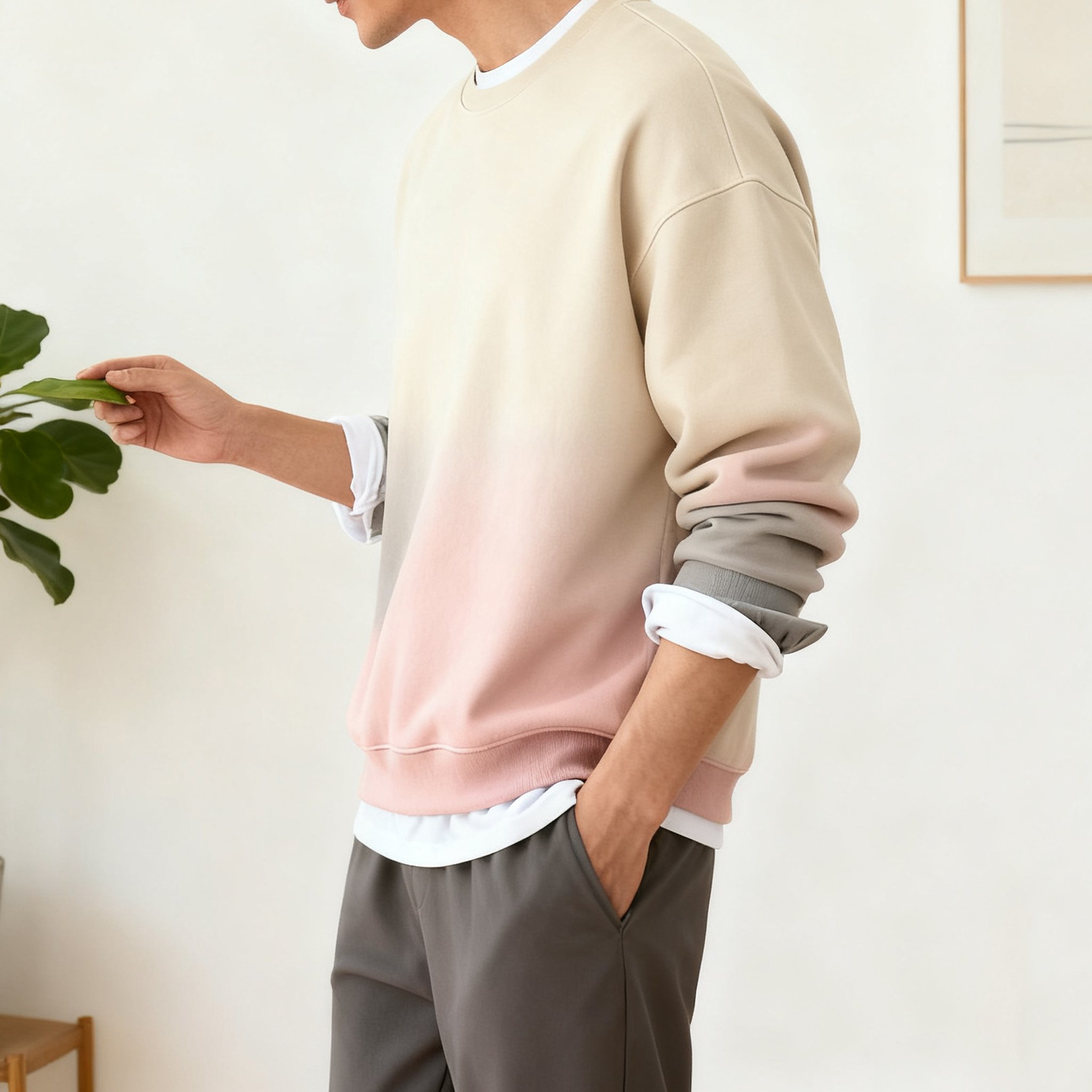 남성용 그라데이션 소프트 컬러 맨투맨 전신 착용샷