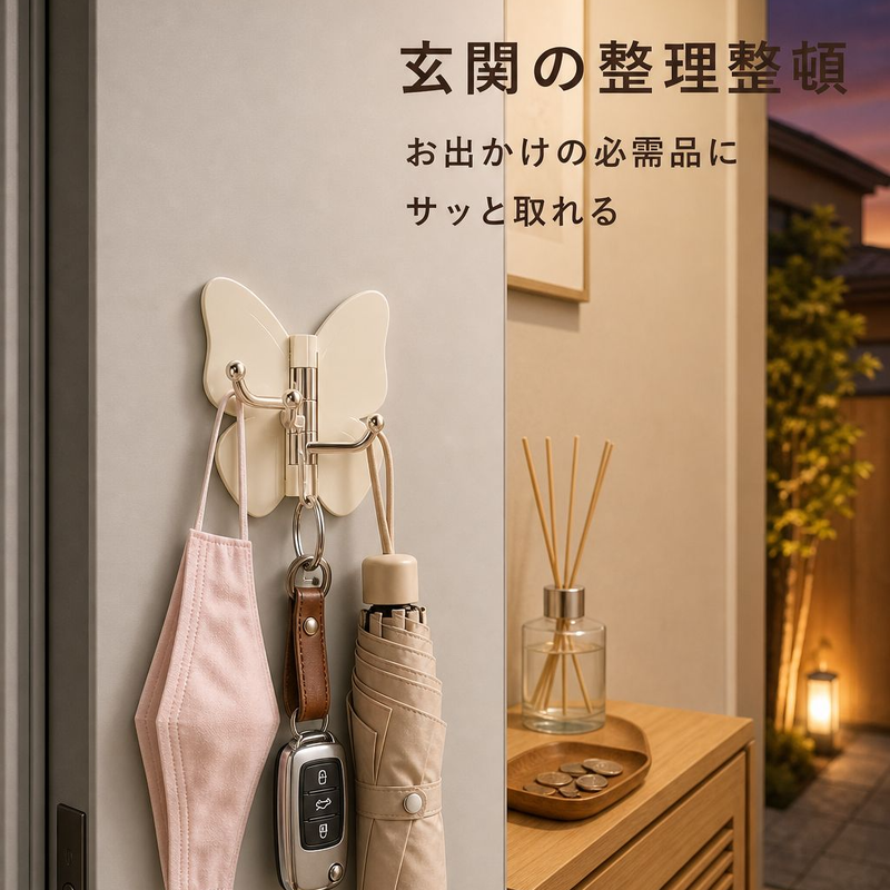 蝶型回転三連フック 穴あけ不要 コーナー用壁掛けキッチン収納フック