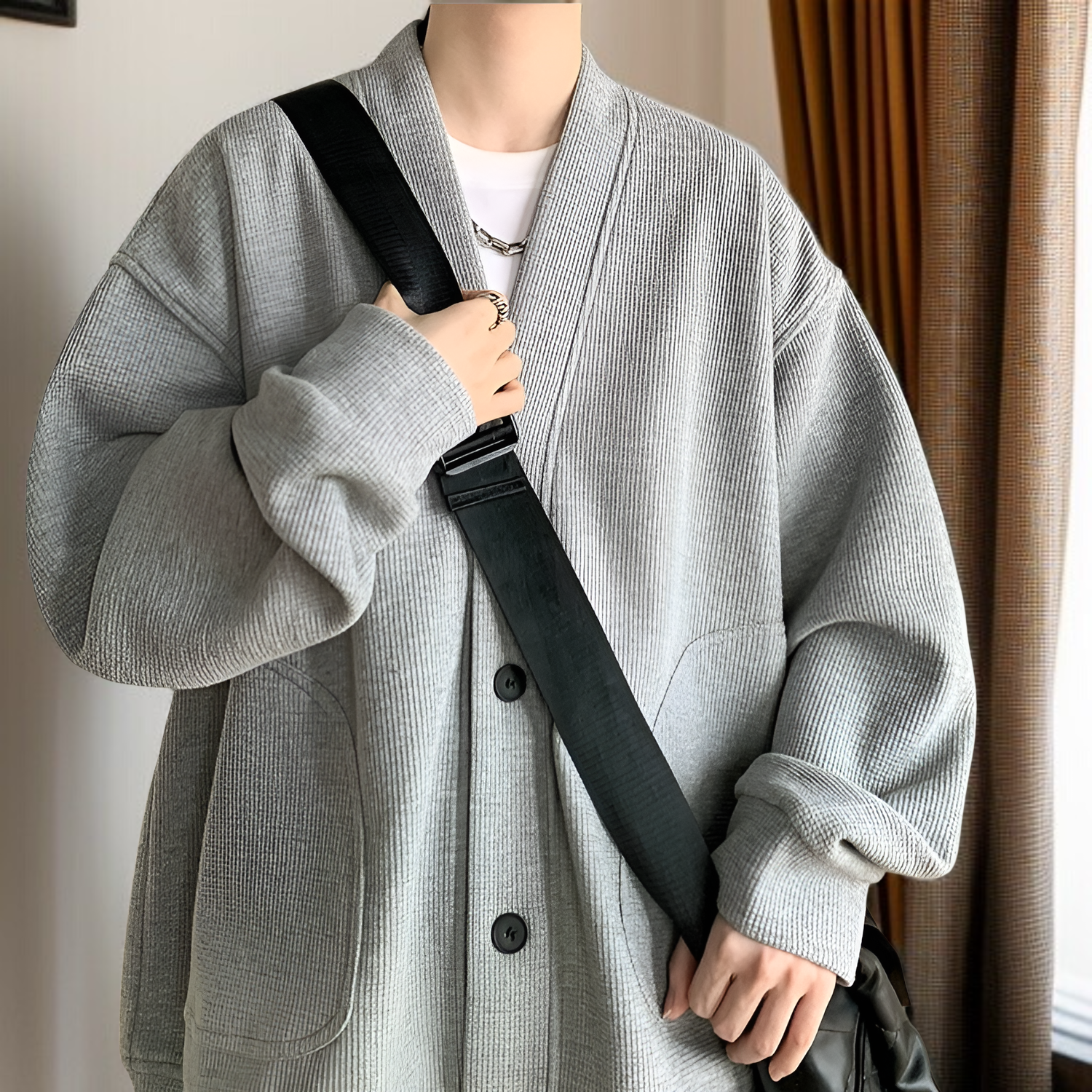 春と秋に着用する男性用のレイジースタイルのウールカーディガンジャケット、Vネックのアメリカンジャケットを備えた先進的な若々しいフードなしセーター