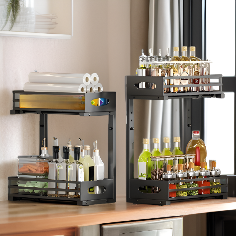 ชั้นวางของสองชั้นใต้อ่างล้างจาน ปรับได้สำหรับตู้ครัว